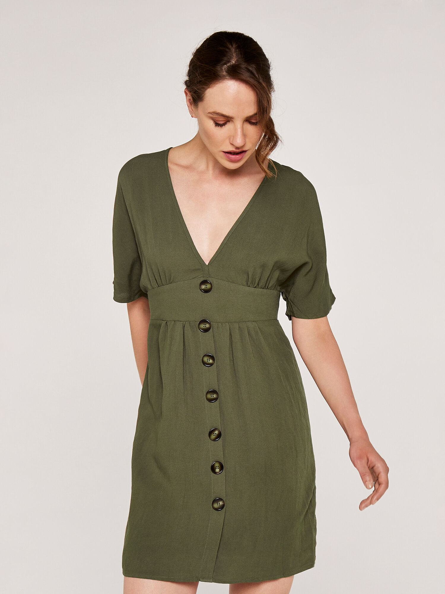 V Neck Button Front Dress