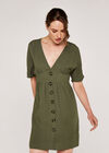 V-Neck Button Front Dress, Khaki, large