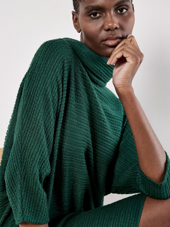 Textured Cable Knit Cocoon Jumper Mini Dress, Green, large