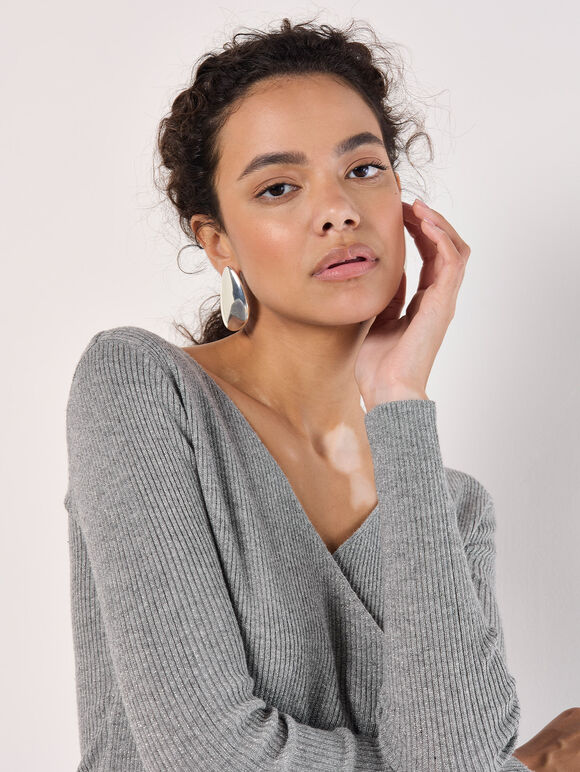 Ribbed Knit Sparkle Wrap Jumper, Silver, large