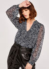 Folk Leaf Tie Neck Cuff Sleeve Top, Navy, large