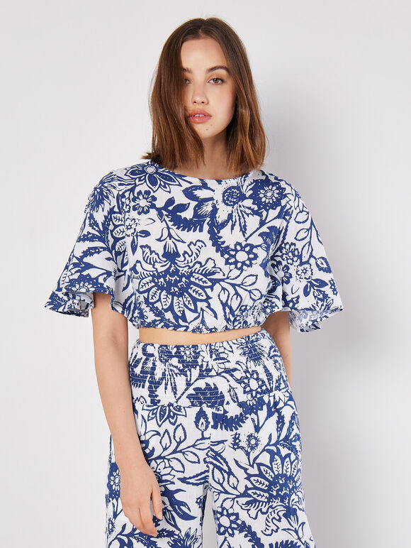 Cotton Floral Print Crop Top, Blue, large