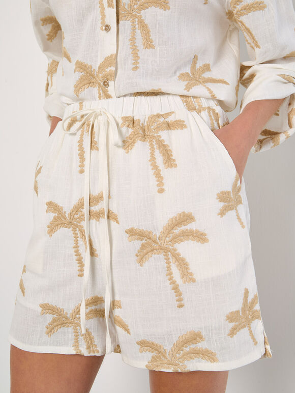 Embroidered Palm Tree Shorts, Cream, large