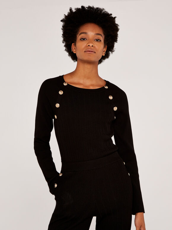 Ribbed Jumper with Gold Buttons, Black, large