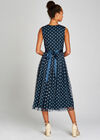 Navy Polkadot Mesh Ribbon Tie Midi Dress, Navy, large