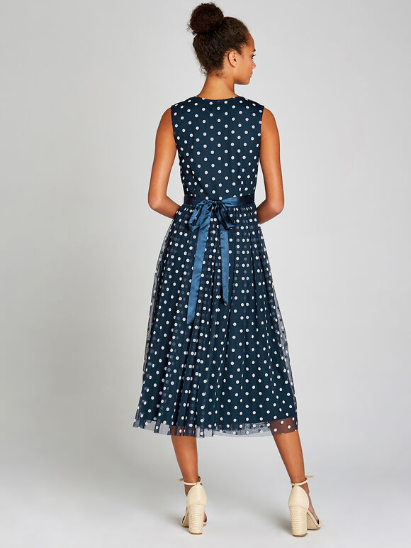 Navy Polkadot Mesh Ribbon Tie Midi Dress, Navy, large