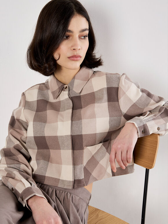 Check Print Cropped Shirt, Grey, large