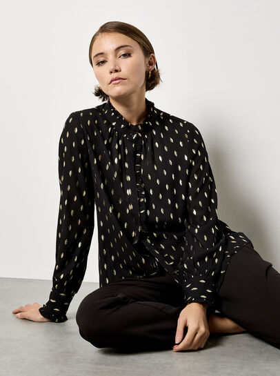Gold Foil Ruffle Chiffon Blouse