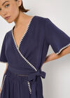 Stitch Detail Linen Blend Wrap Top, Navy, large