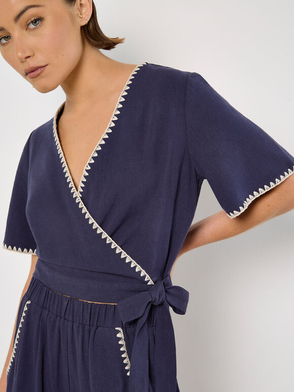 Stitch Detail Linen Blend Wrap Top, Navy, large