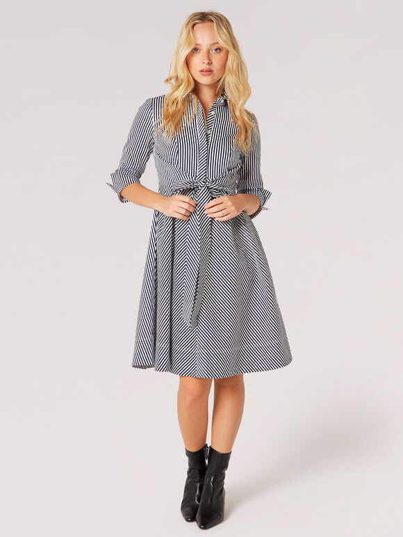 Cotton Stripe Shirt Mini Dress, Navy, large