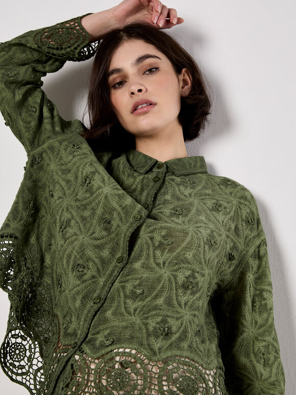 Textured Cotton Floral Crochet Blouse, Khaki, large