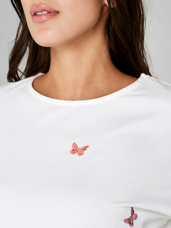 Embroidered Butterfly T-Shirt, Cream, large