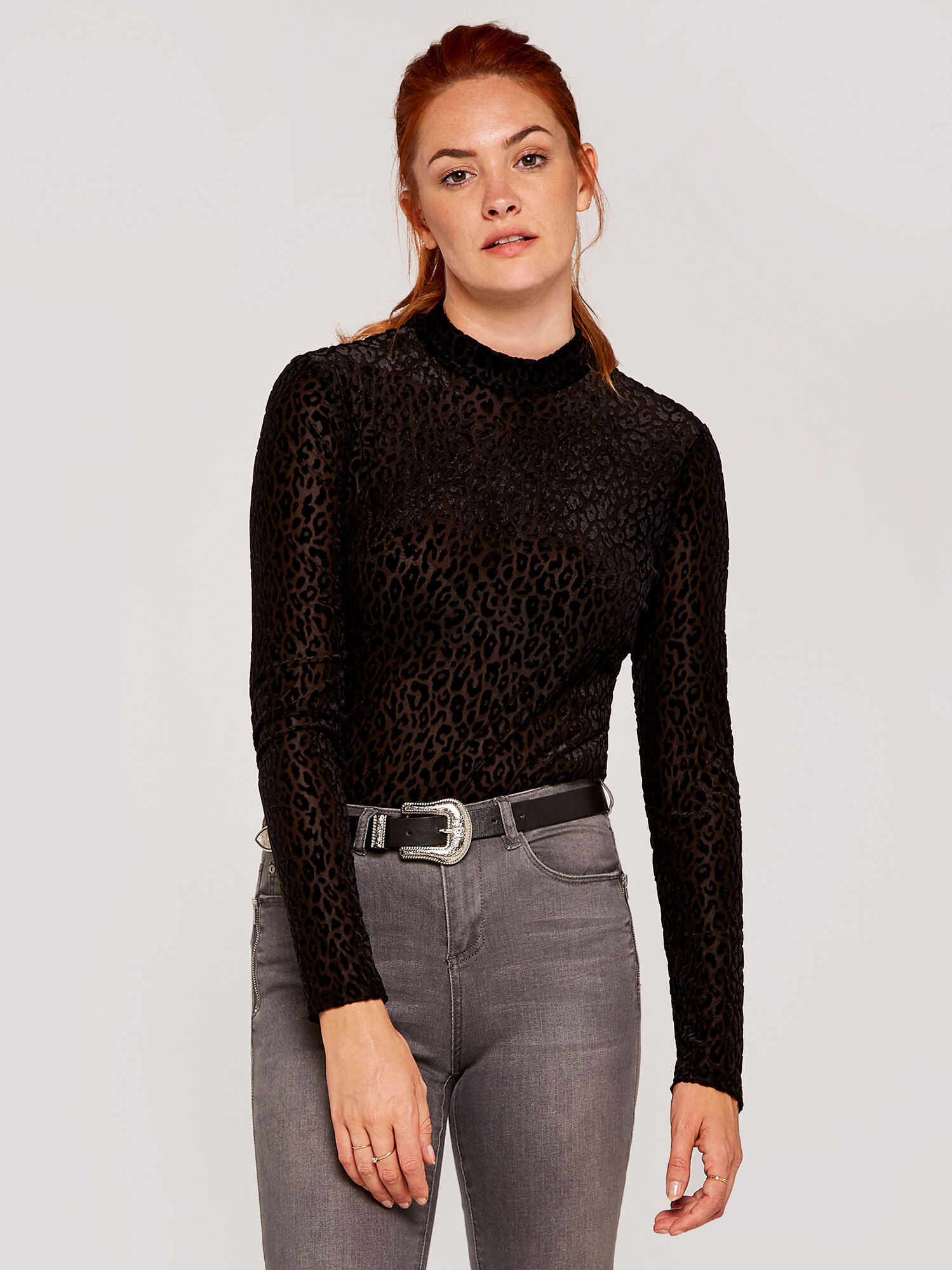 Leopard Devore Mock Neck Top Apricot Clothing