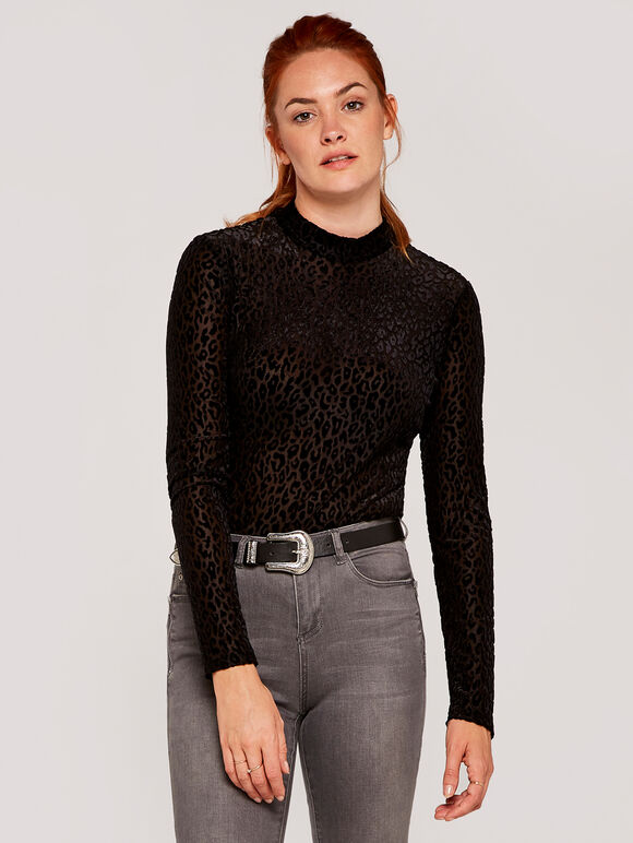 Leopard Devore Mock Neck Top, Black, large