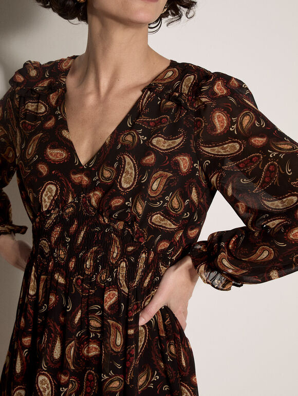 Chiffon Ruffle Paisley Mini Dress, Black, large