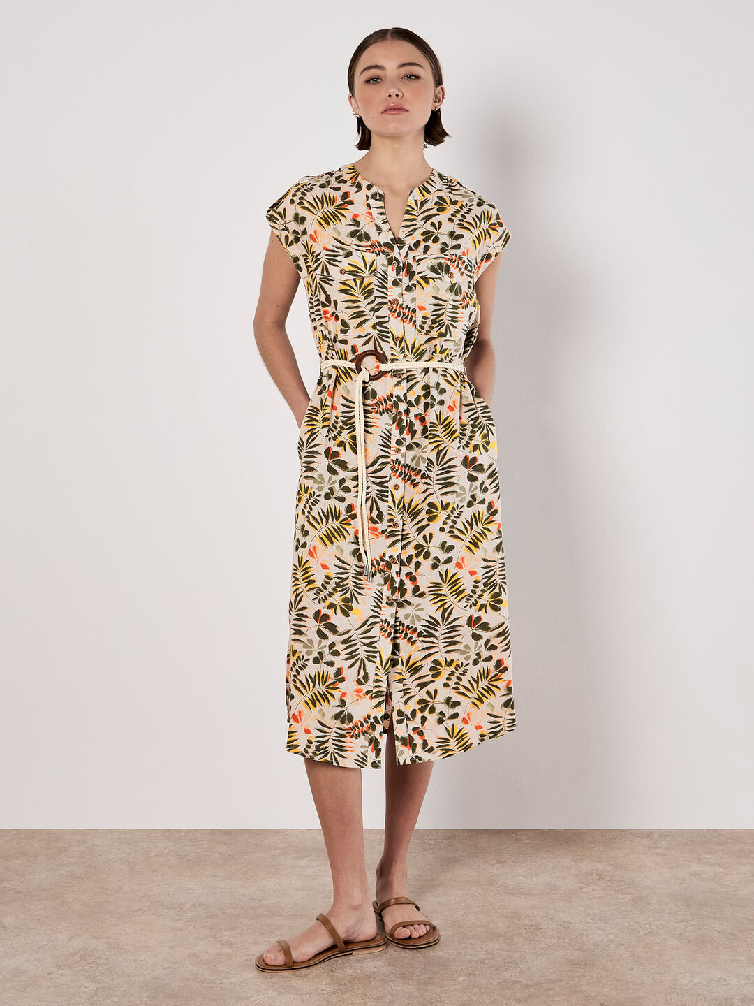 Image of Belted Leaf Print Midi Shirt Dress