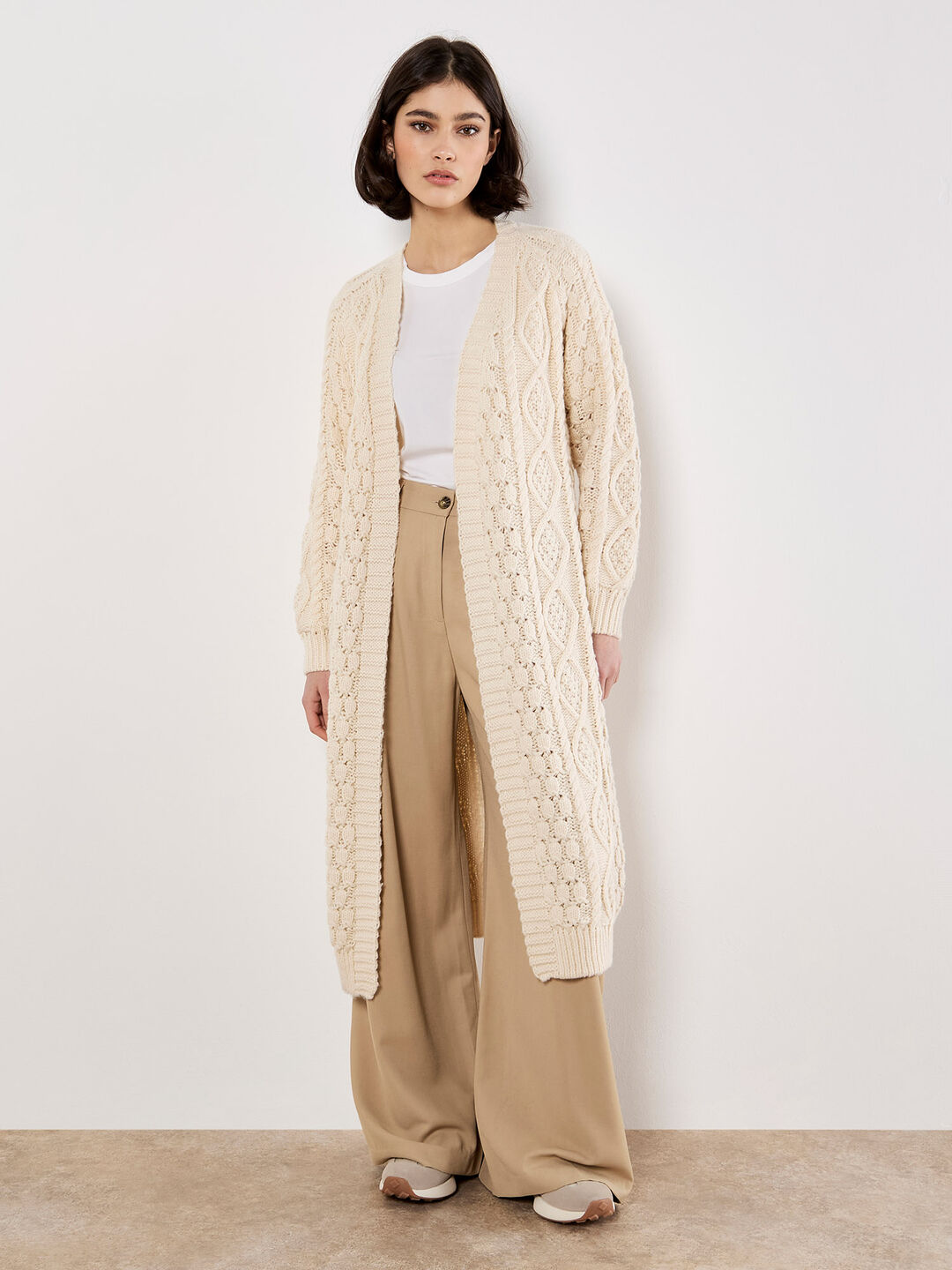 Chunky Cable Knit Longline Cardigan Apricot Clothing