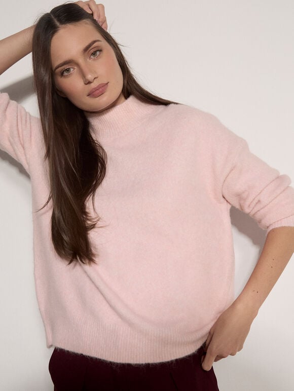 Boucl&eacute; Knit Mock Neck Jumper, Pink, large