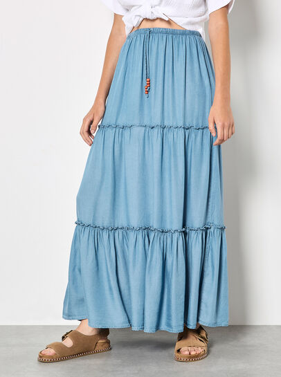 Denim Tiered Maxi Skirt