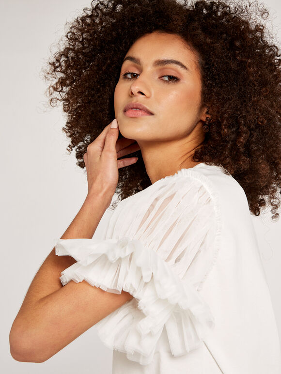 Tulle Sleeve Top, White, large