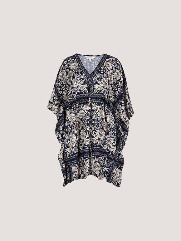 Scarf Print Kimono Mini Dress, Navy, large