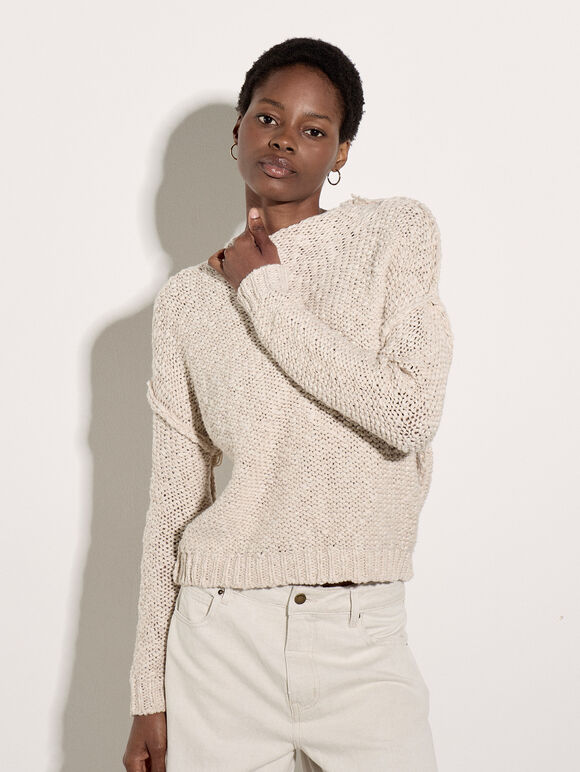 Mock Neck Textured Chunky Jumper, Stone, large