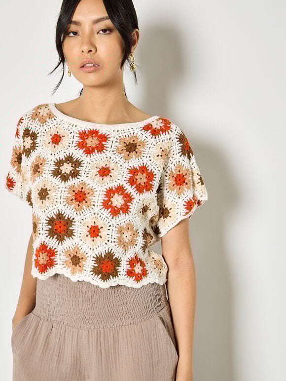 Hexagon Flowers Crochet Top, Orange, large