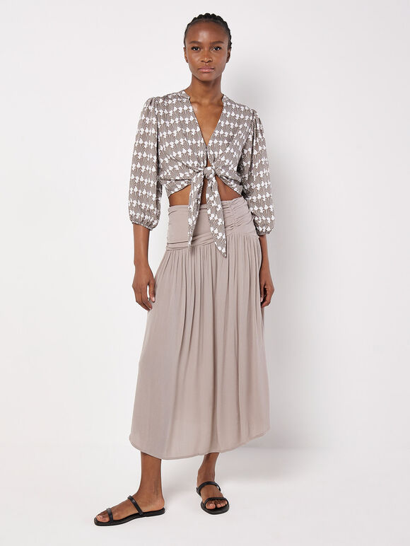 Textured Woven Midi Skirt, Brown, large