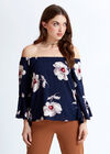 Floral Print Bardot Top, Navy, large