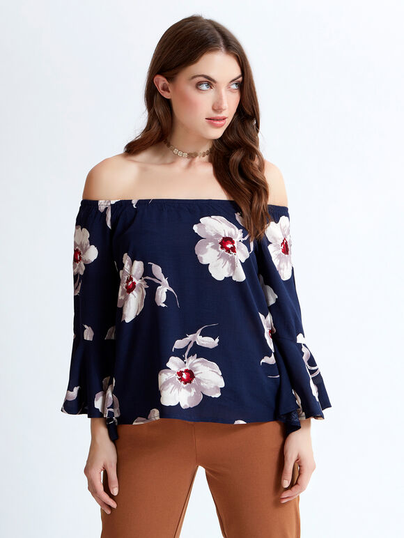 Floral Print Bardot Top, Navy, large