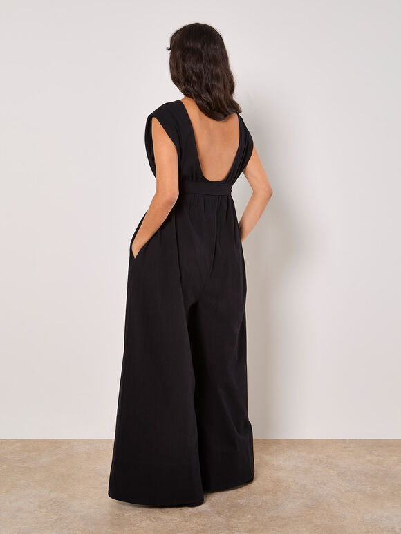 Wide Leg Cotton Jumpsuit, Black, large