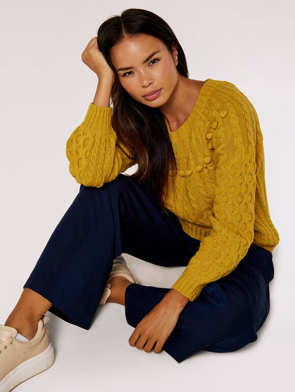 Aran Knit Pom Pom Jumper, Mustard, large