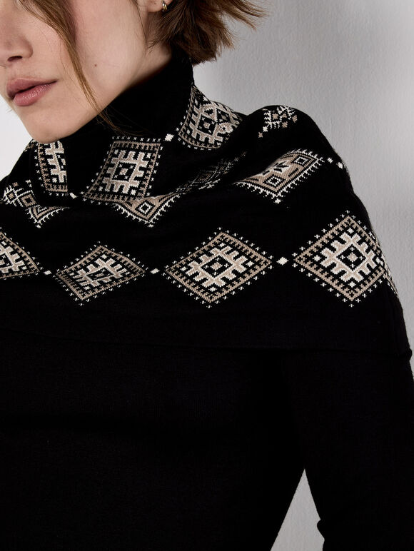 Diamond Border Snood Knitted Mini Dress, Black, large