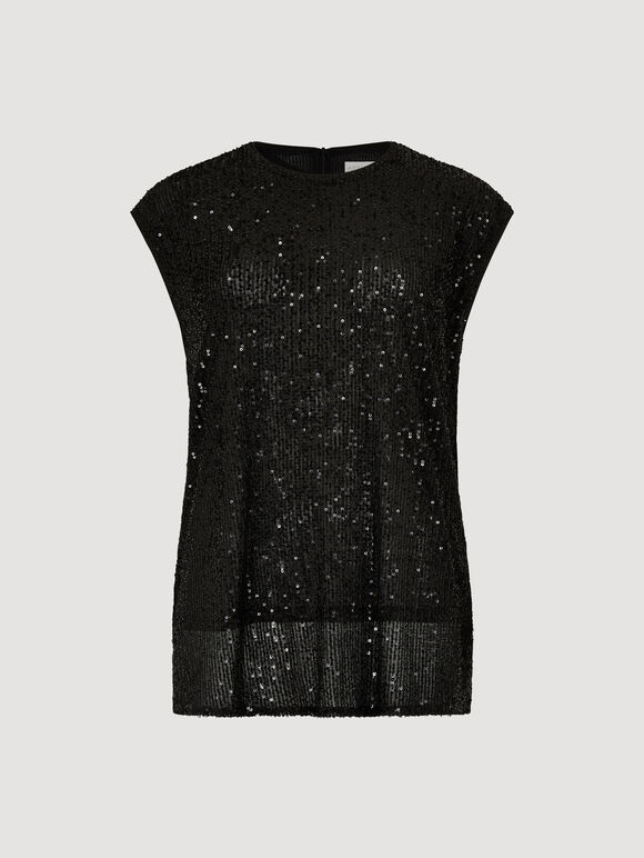 Sleeveless Sequin Top, Black, large