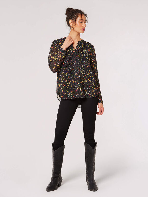 Vintage Floral Pintuck Pleat Blouse , Black, large