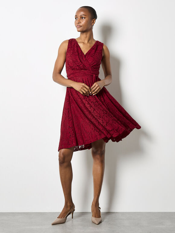 Floral Lace Fit And Flare Mini Dress, Burgundy, large