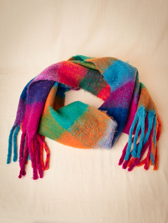 Colour Block Check Square Scarf, Blue, large