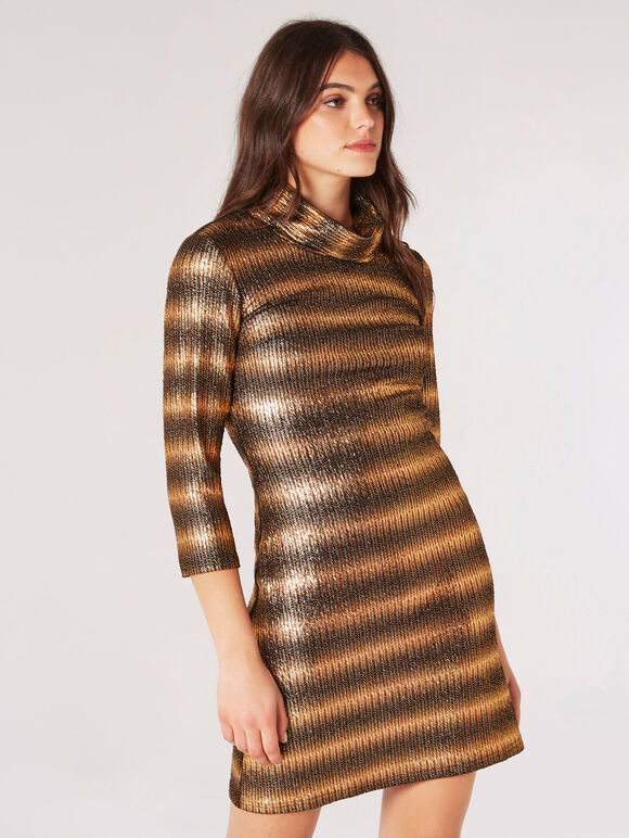 Metallic Stripe Shift Mini Dress, Black, large