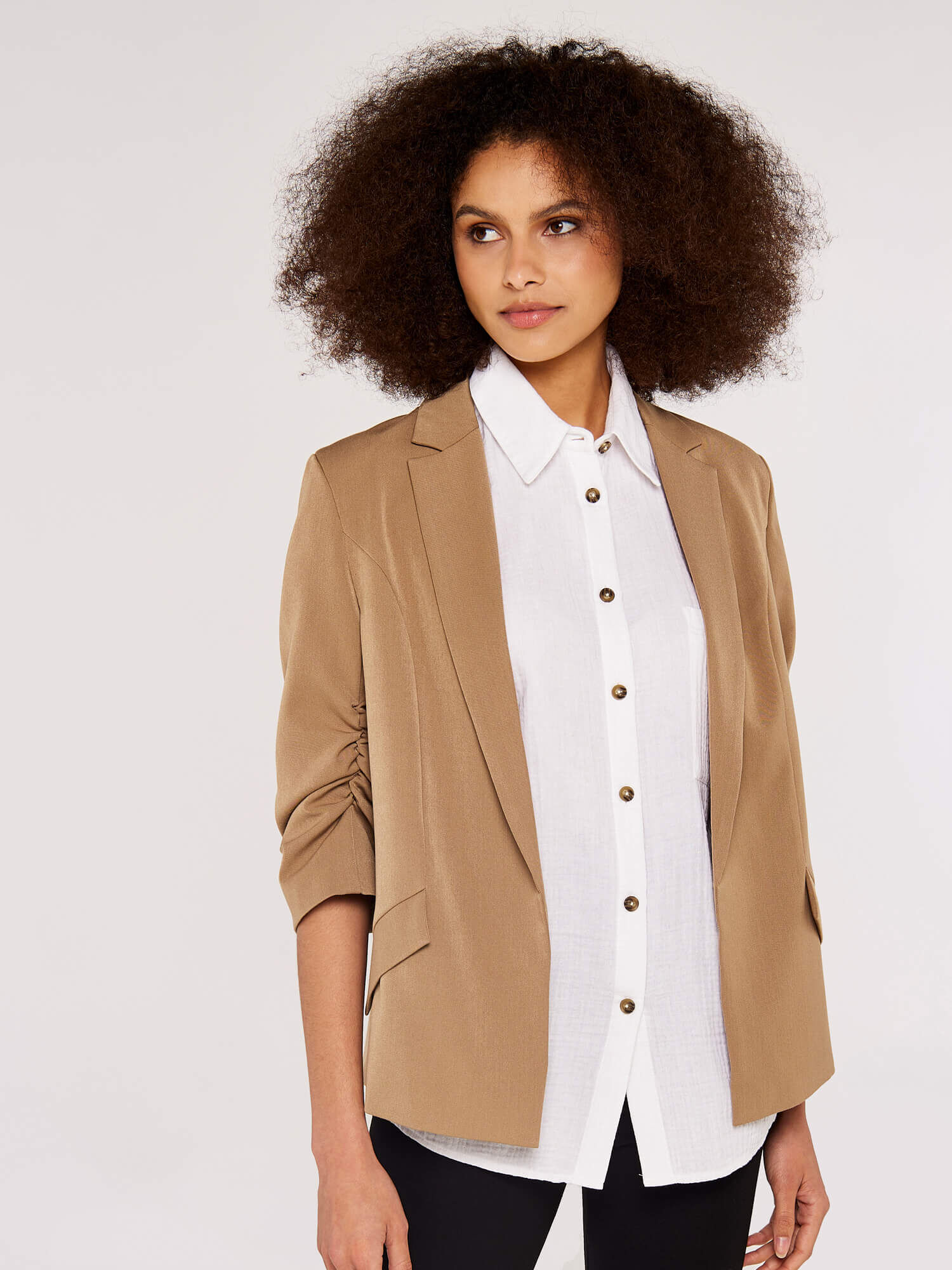 Open Rushed Sleeve Blazer Apricot Clothing