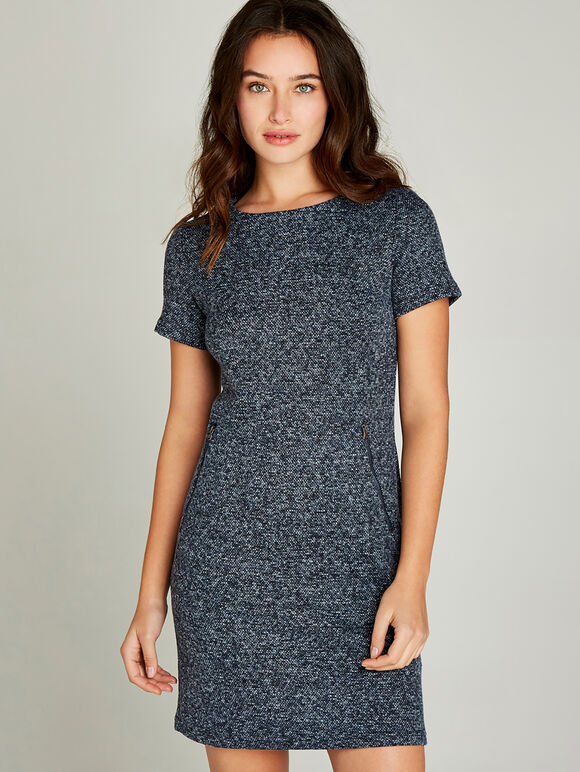 Navy Textured Pocket Shift Dress, Navy, large