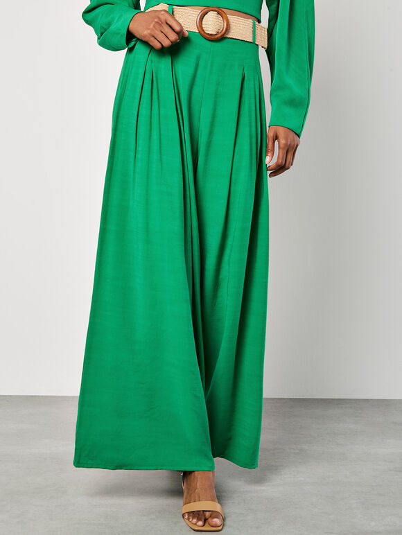 Pleated Palazzo Trousers With Belt, Green, large