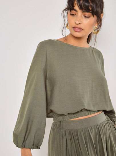 Linen Blend Bubble Hem Crop Top