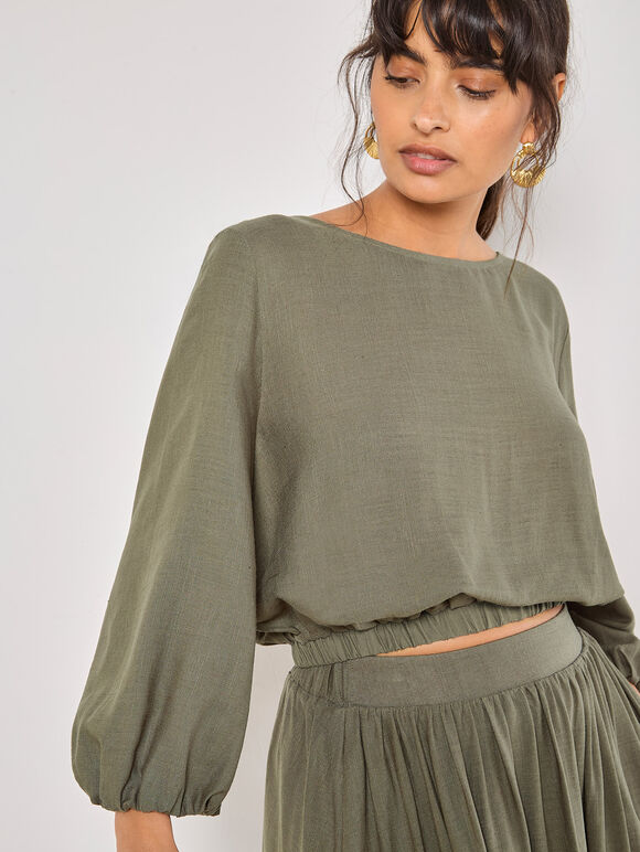 Linen Blend Bubble Hem Crop Top, Khaki, large