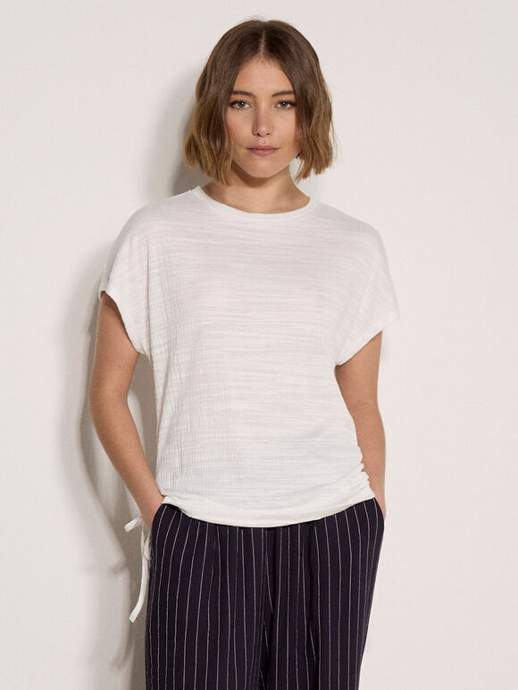 Textured Jersey Side Ruched T-Shirt, Cream, large