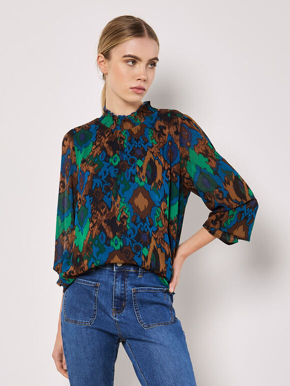 Ikat Print Chiffon Blouse, Teal, large