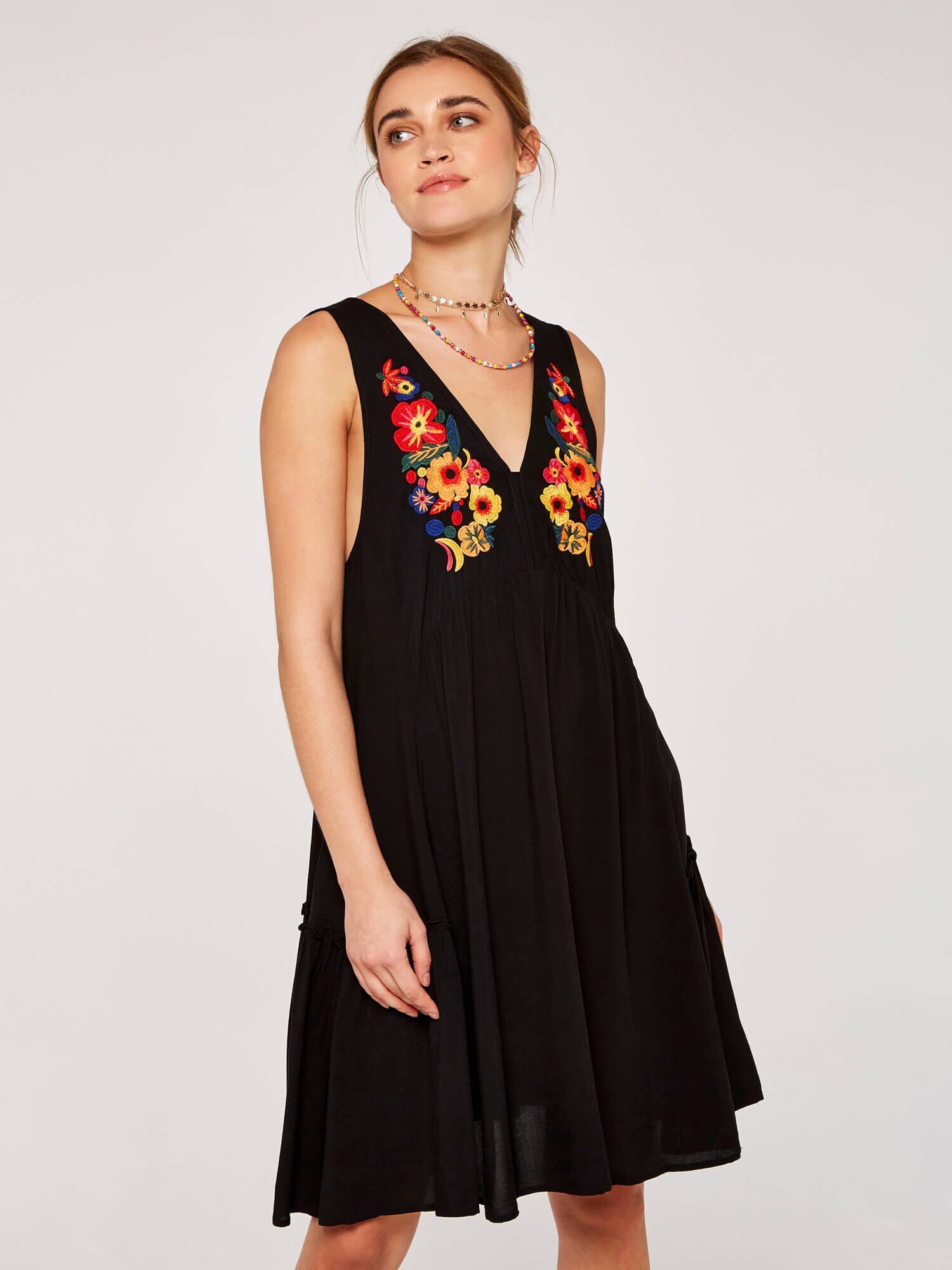 Embroidered Bloom Swing Dress Apricot Clothing