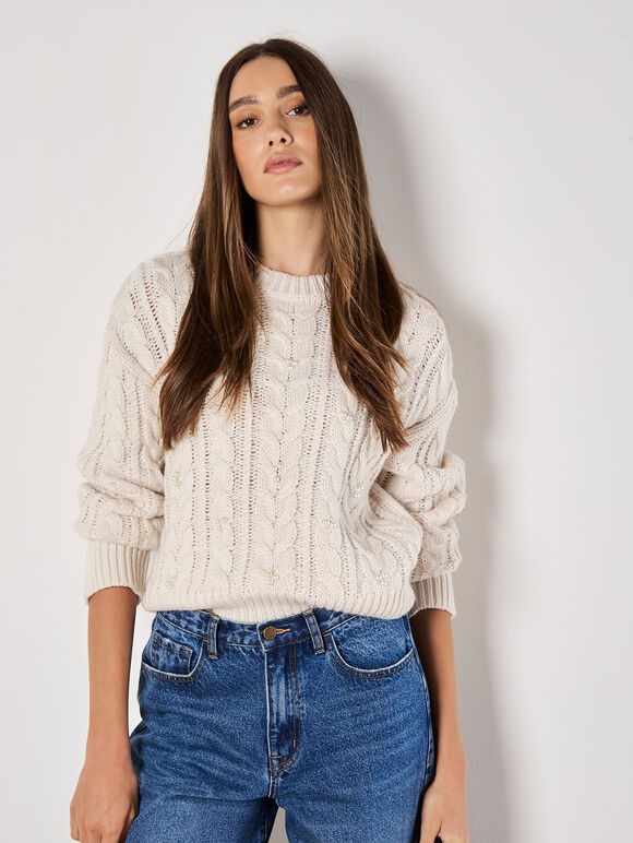 Pearl Embellished Cable Knit Jumper, Cream, large