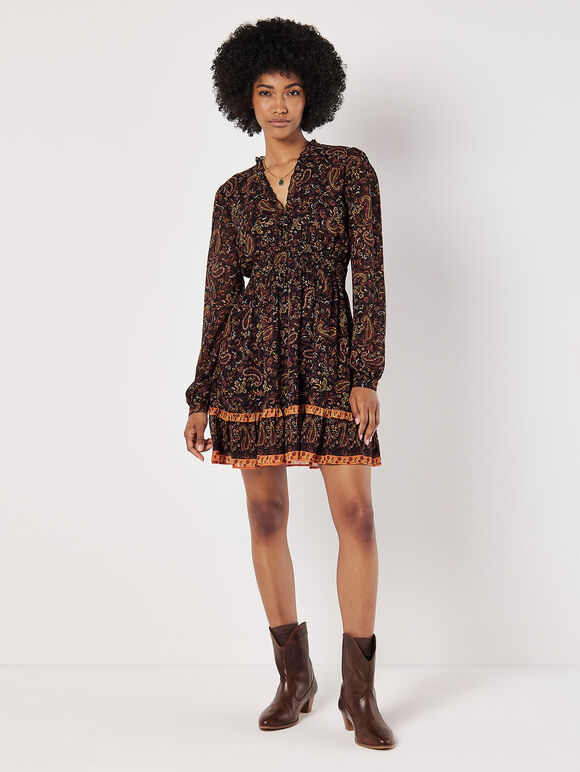 Paisley Ruffle Mini Dress, Black, large