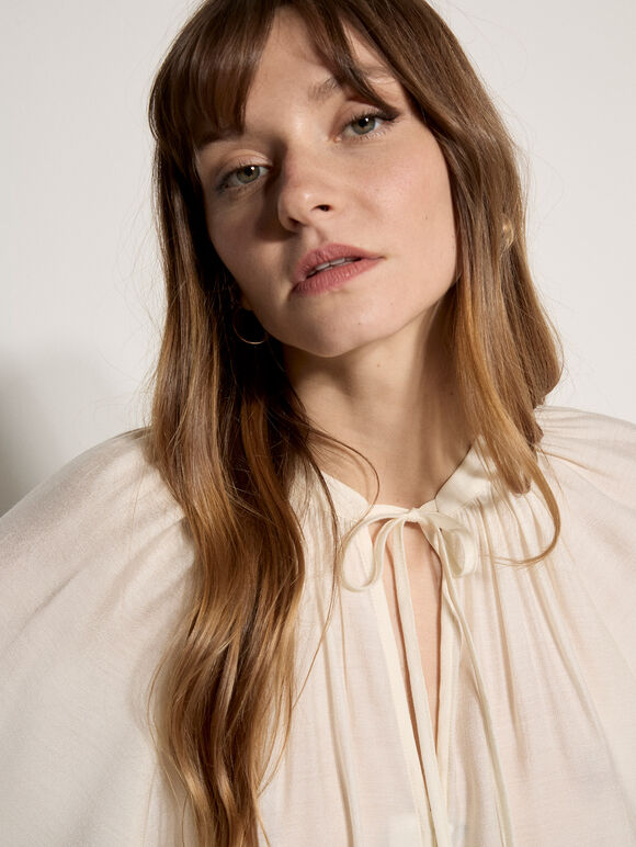 Lightweight Balloon Sleeve Blouse, White, large